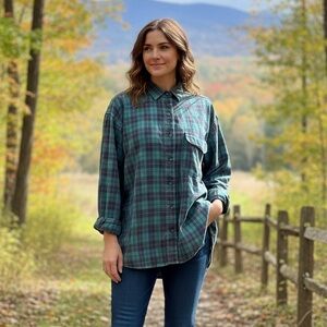 Patagonia Teal Green Pink Plaid Button-Up Shirt 100% Cotton Outdoors Casual